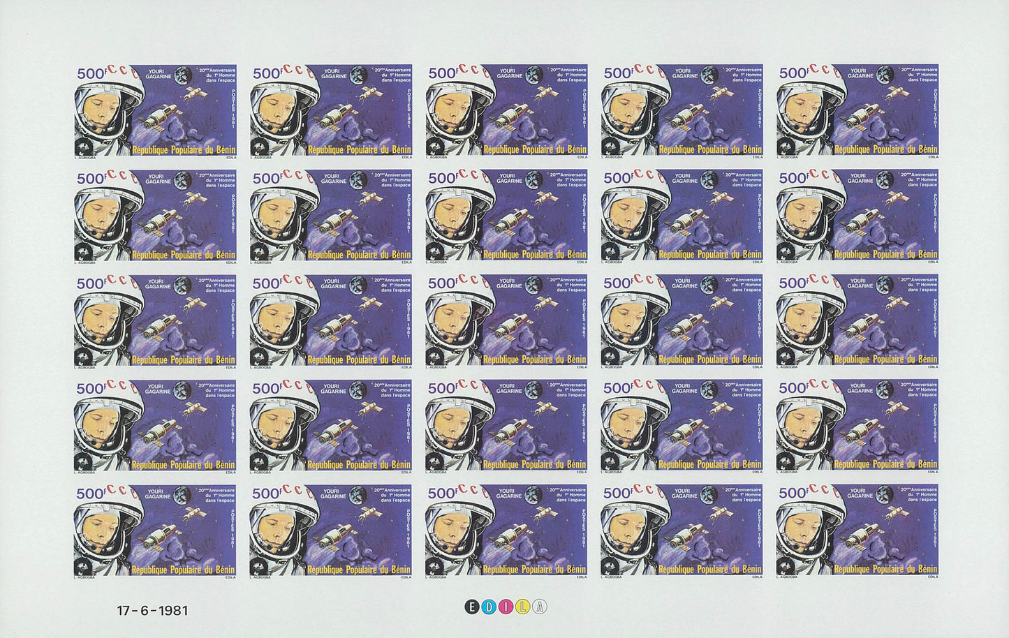 Benin 1981 Space Gagarine Full Sheet Imperforate