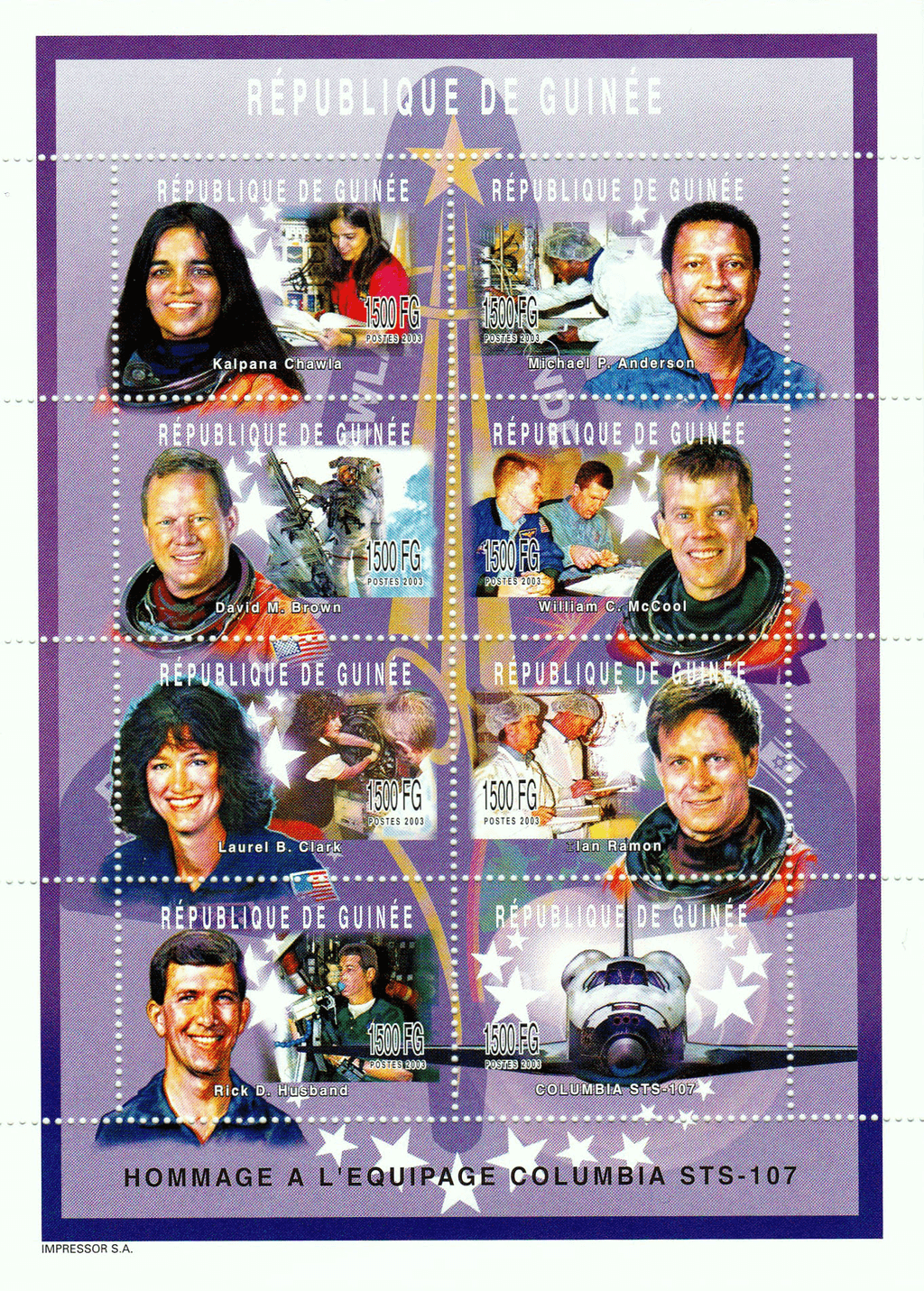 Memory to the victims of the damaged space shuttle « COLUMBIA » (Chawla-Anderson-Brown-McCool-Clark-Ramon-Husband-Columbia STS) 2003