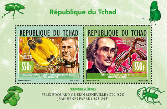 Two stamps from the République du Tchad featuring images of scientists and insects on a light green background.