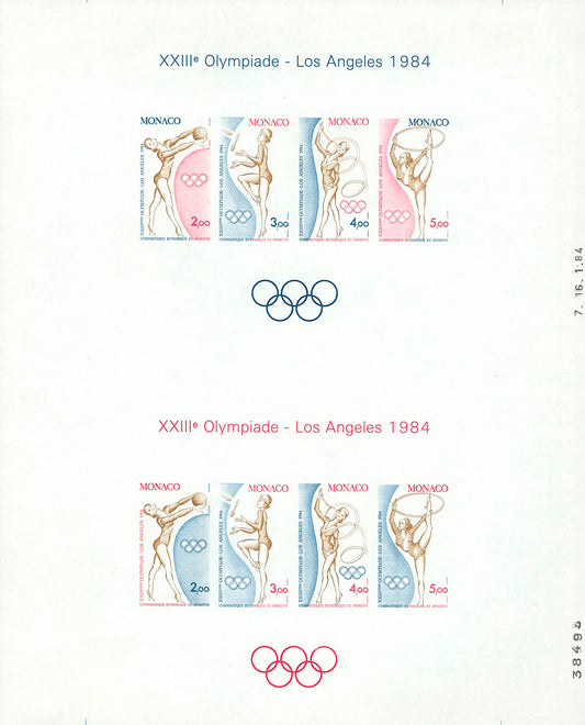 Monaco 1984 Los Angeles Olympics –  2 Color Trial blocks on Sheet